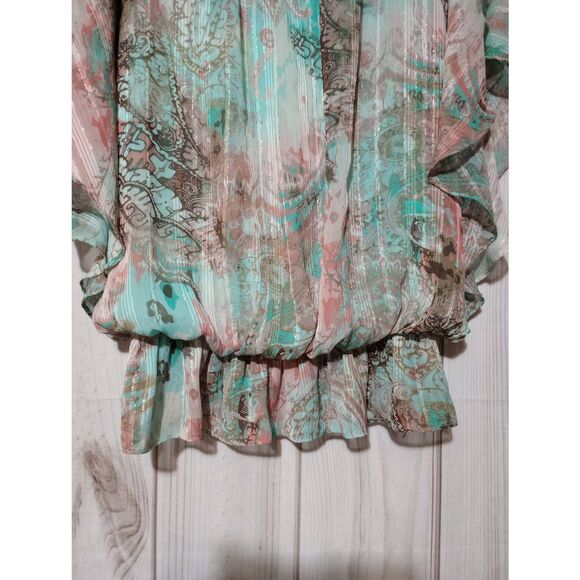Sara Michelle Shirt Ladies 1x Teal Flutter Sleeve Chiffon - Picture 4 of 8